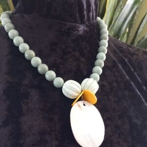 Vintage Seafoam Bead Necklace with White Shell and Yellow Accent